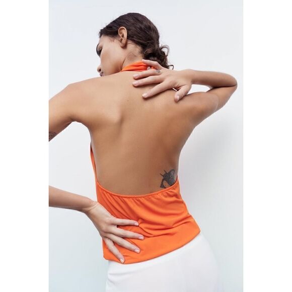 NWOT Zara Bright Orange Draped Crossover Halter Neck Top Bodysuit, Size Small - Picture 4 of 14
